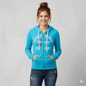 Aeropostale Womens Size Medium Blue Full Zip Hoodie Y2K Embroidered Jacket Retro